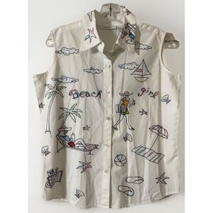 Dressbarn Textured Embroidered Beach Theme Sleeveless Button Down Shirt Women M